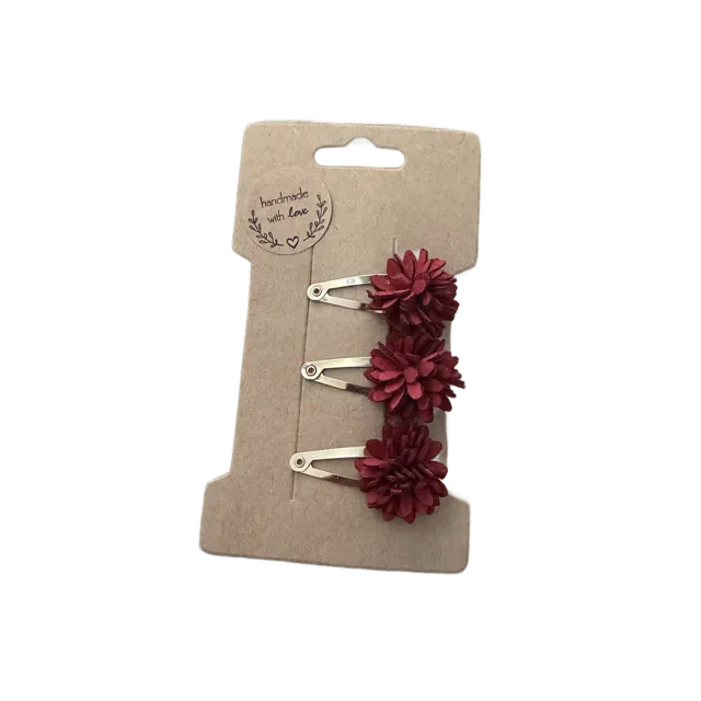 Haarspeldjes met pomponbloemen, set van 3 bordeaux rood bloemen.
